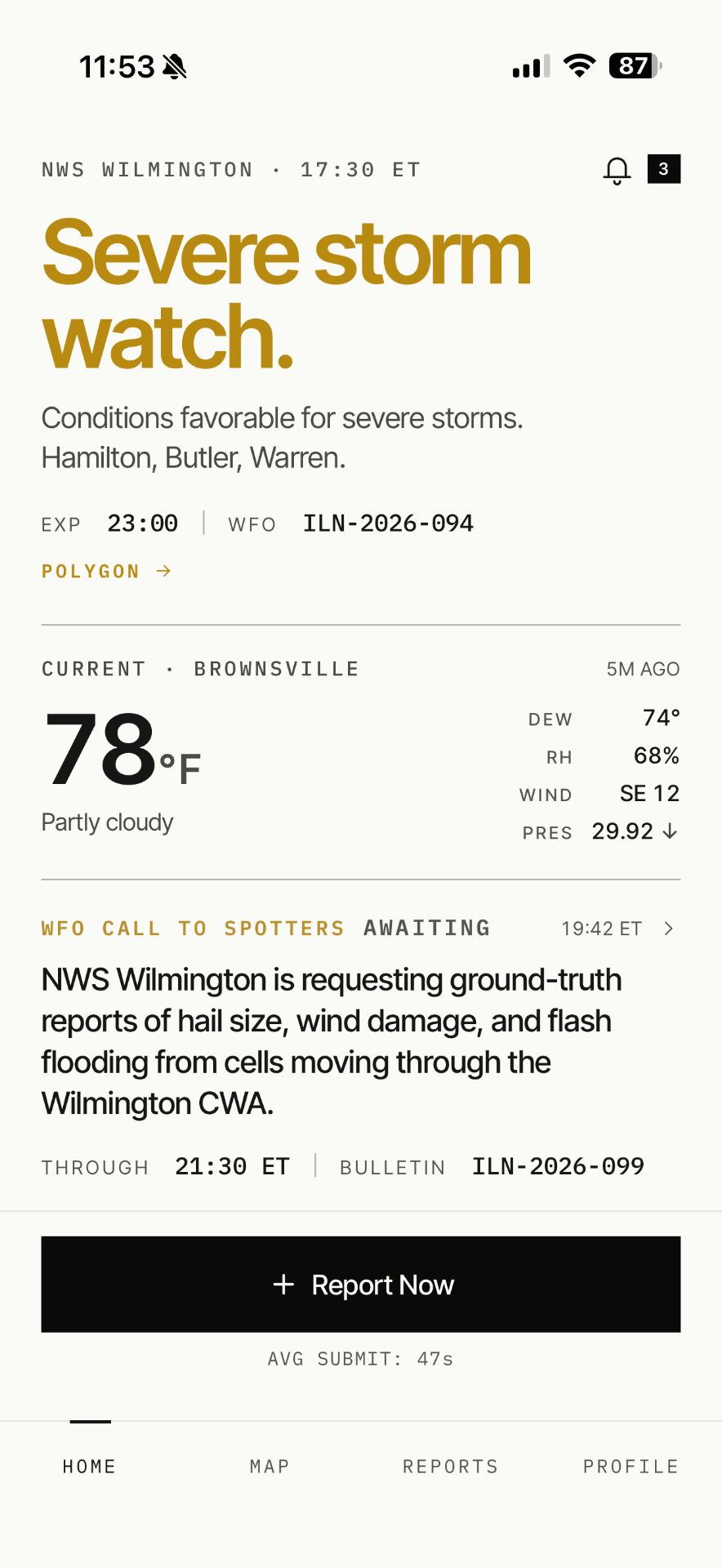 Aviso home screen with a severe storm watch and call-out from NWS Wilmington